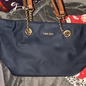Calvin Klein Navy Shoulder Bag with Gold Accents